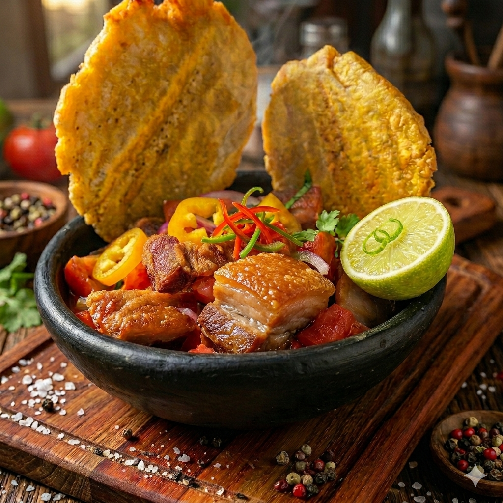 Crispy fried pork belly ceviche marinated in lime with red onions and cilantro served with tostones in Davie, FL.